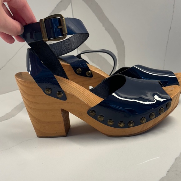 Free People Shoes - Free People Navy Blue Mules with Wooden Heel
